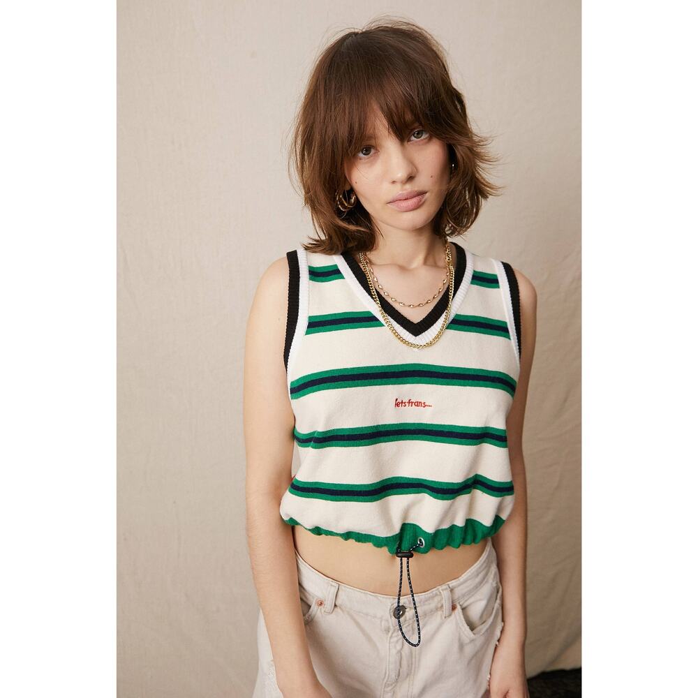 iets frans Sz M Varsity Sweater Vest V-Neckline Drawstring Bungee Hem